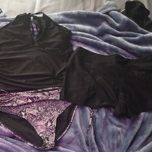 3 Piece Black and White Snakeskin Swimsuit Set With Shorts